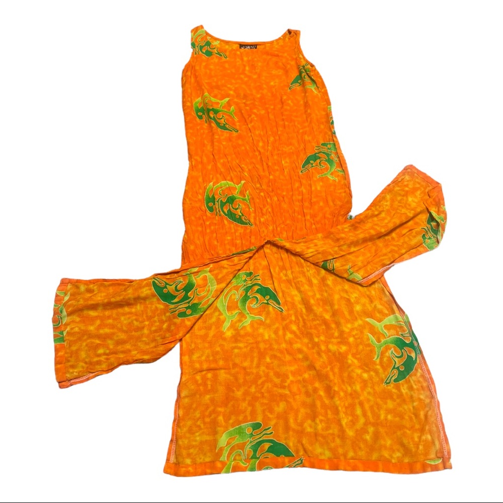 90s Bright orange neon green dolphins rayon dress
